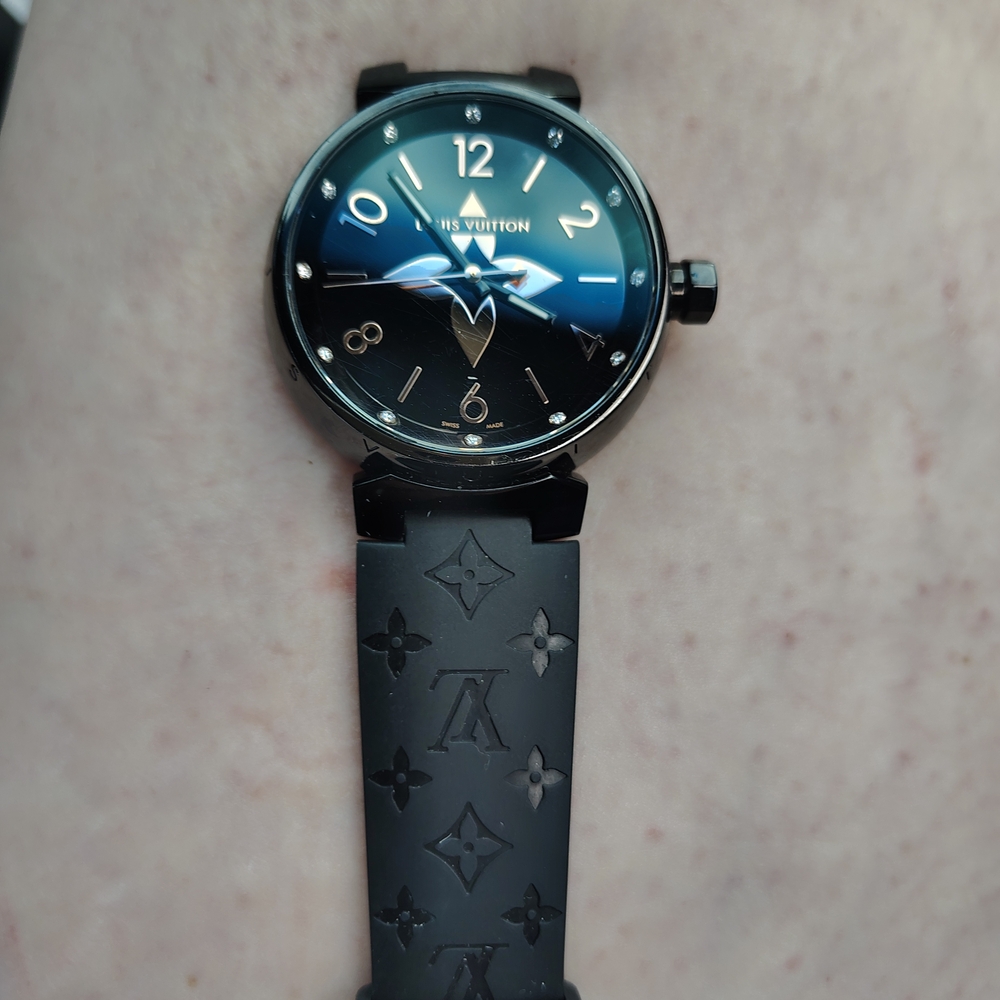 Louis Vuitton Black Watch with Leather Strap and Silver Accents